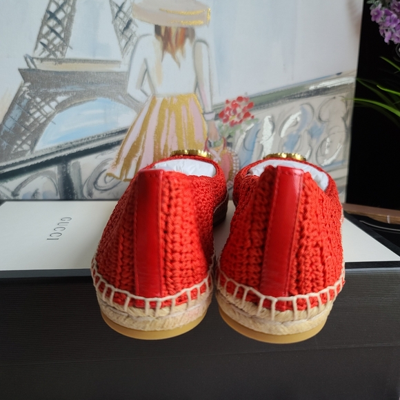 GUCCI Red Lilibeth Gg Faux Pearl-embellished Espadrilles Flats Size 7 - Picture 9 of 11